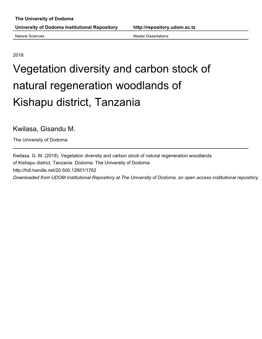 Vegetation Diversity and Carbon Stock of Natural Regeneration Woodlands of Kishapu District, Tanzania