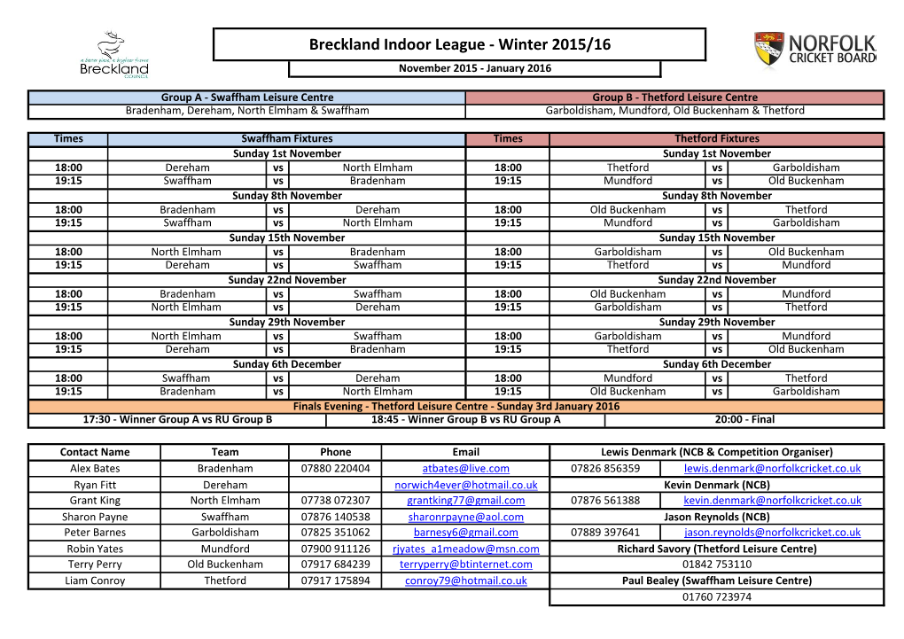 Breckland Indoor League - Winter 2015/16 November 2015 - January 2016