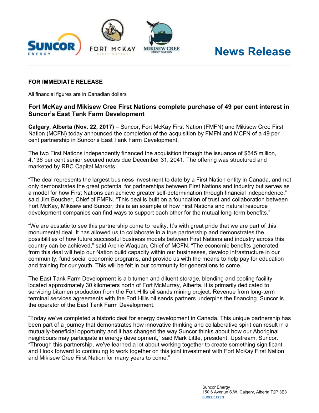 News Release – the New Suncor Energy