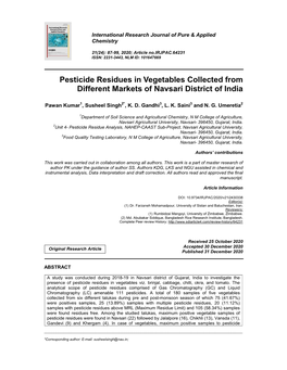 Pesticide Residues in Vegetables Collected from Different Markets of Navsari District of India