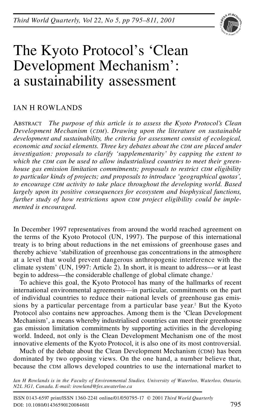 The Kyoto Protocol's 'Clean Development Mechanism': A