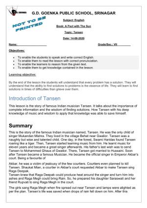 Introduction of Tansen Summary