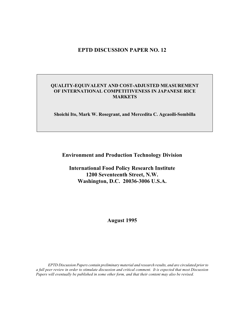 Quality-Equivalent and Cost-Adjusted Measurement of International Competitiveness in Japanese Rice Markets