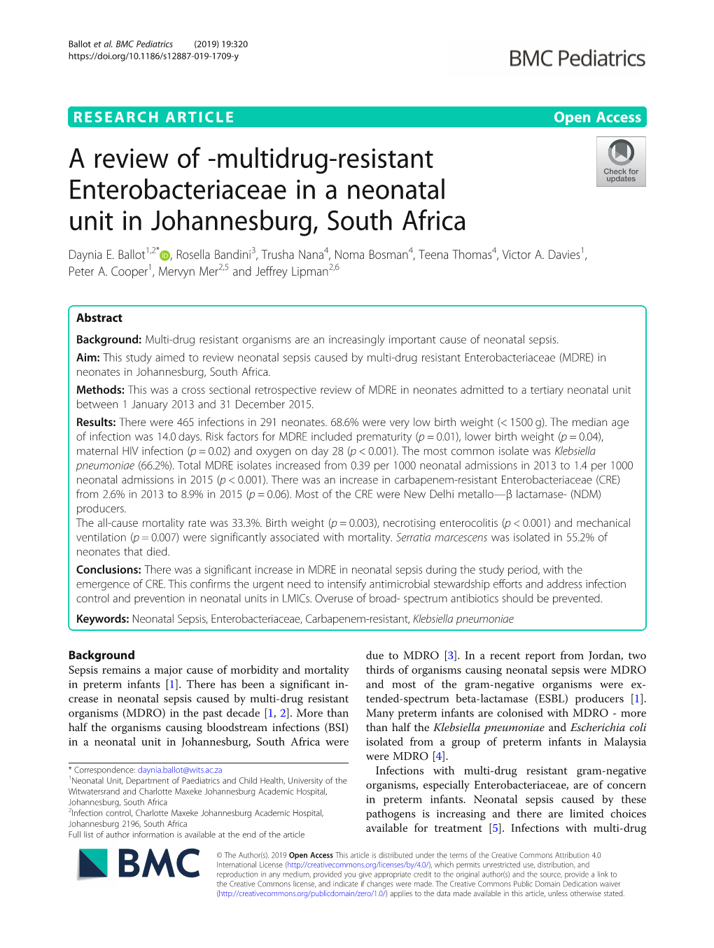 A Review of -Multidrug-Resistant Enterobacteriaceae in a Neonatal Unit in Johannesburg, South Africa Daynia E