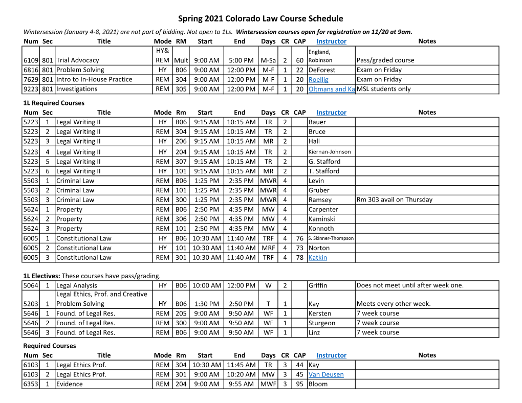 Spring 2021 Colorado Law Course Schedule Wintersession (January 4-8, 2021) Are Not Part of Bidding