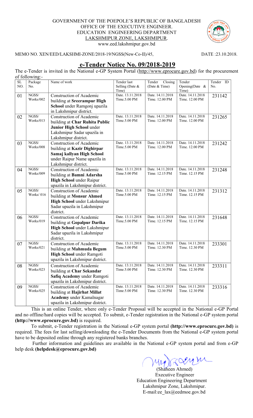 E-Tender Notice No. 09/2018-2019