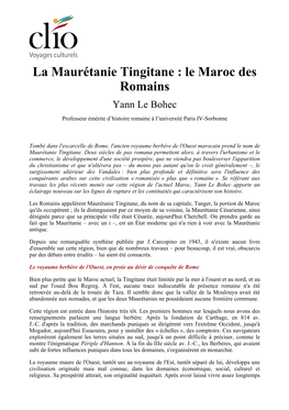 La Maurétanie Tingitane : Le Maroc Des Romains Yann Le Bohec Professeur Émérite D’Histoire Romaine À L’Université Paris IV-Sorbonne