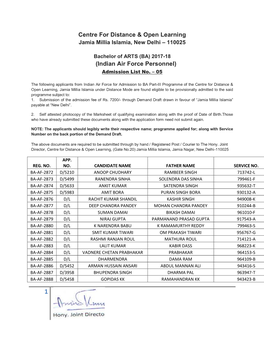 Indian Air Force Personnel) Admission List No