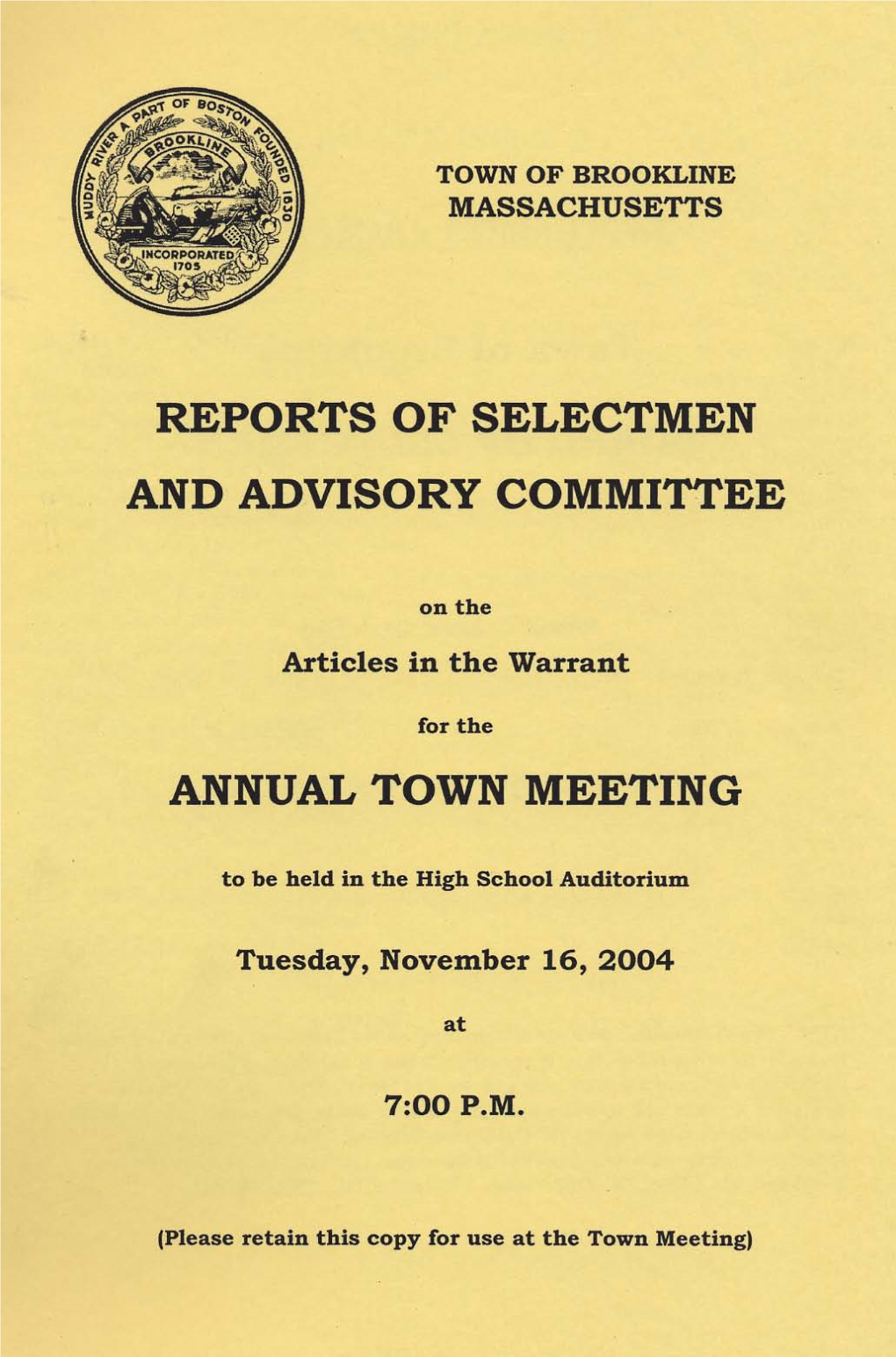 November 16, 2004 Special Town Meeting Index of Warrant Articles