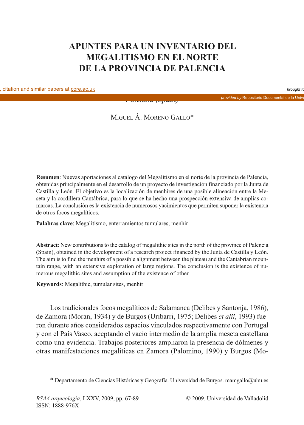 Apuntes Para Un Inventario Del Megalitismo En El Norte De La Provincia De Palencia