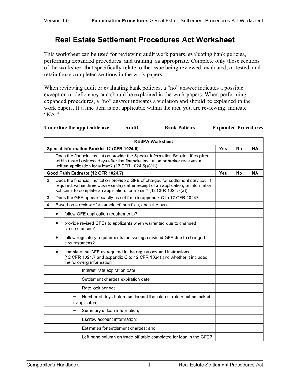 Real Estate Settlement Procedures Act, Comptroller's Handbook