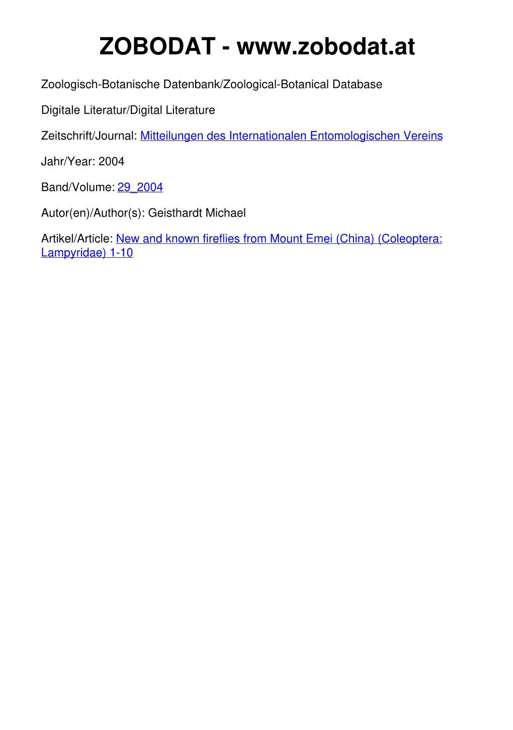 New and Known Fireflies from Mount Emei (China) (Coleoptera: Lampyridae) 1-10 Mitt