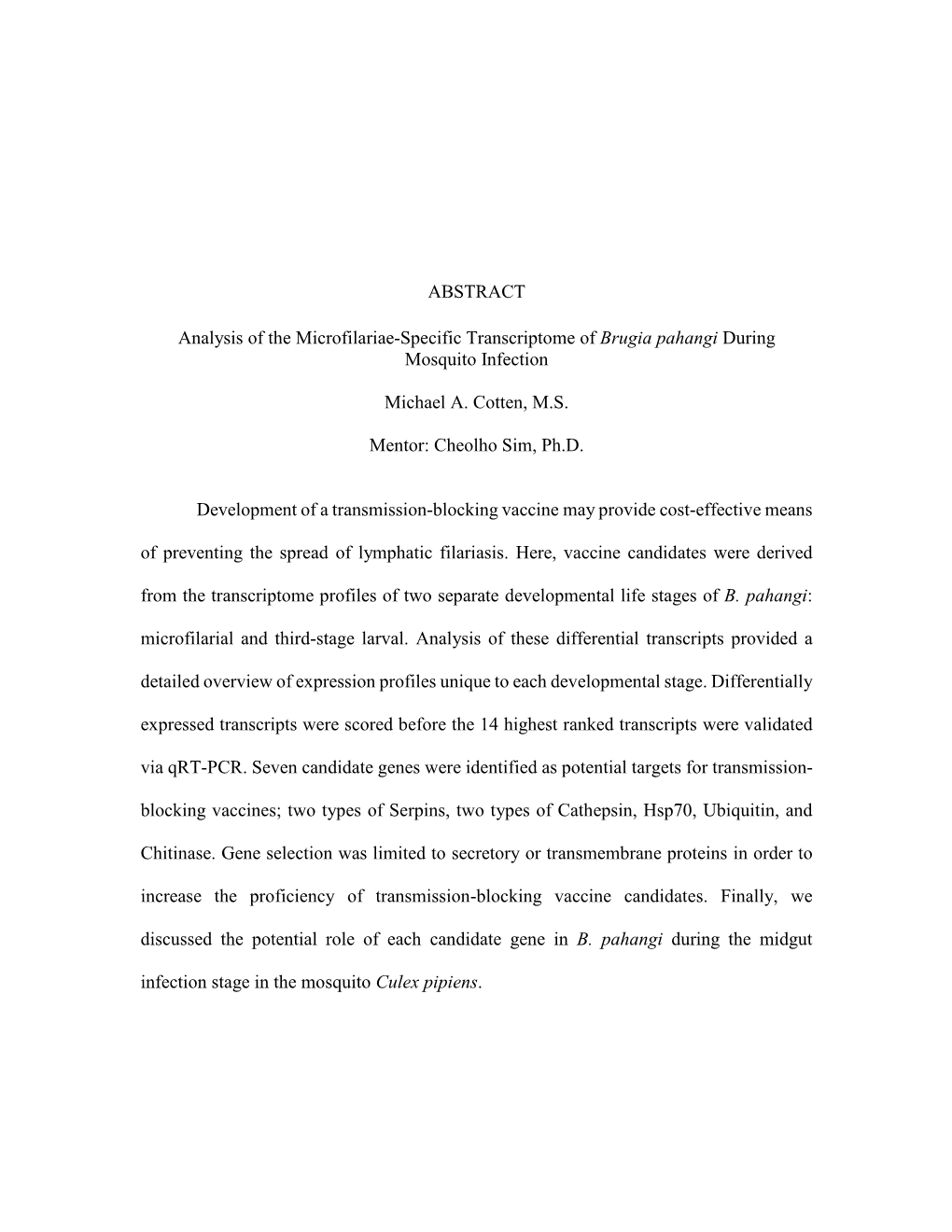 ABSTRACT Analysis of the Microfilariae-Specific Transcriptome