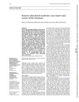 Sensory Alien Hand Syndrome: Case Report and Review of the Literature