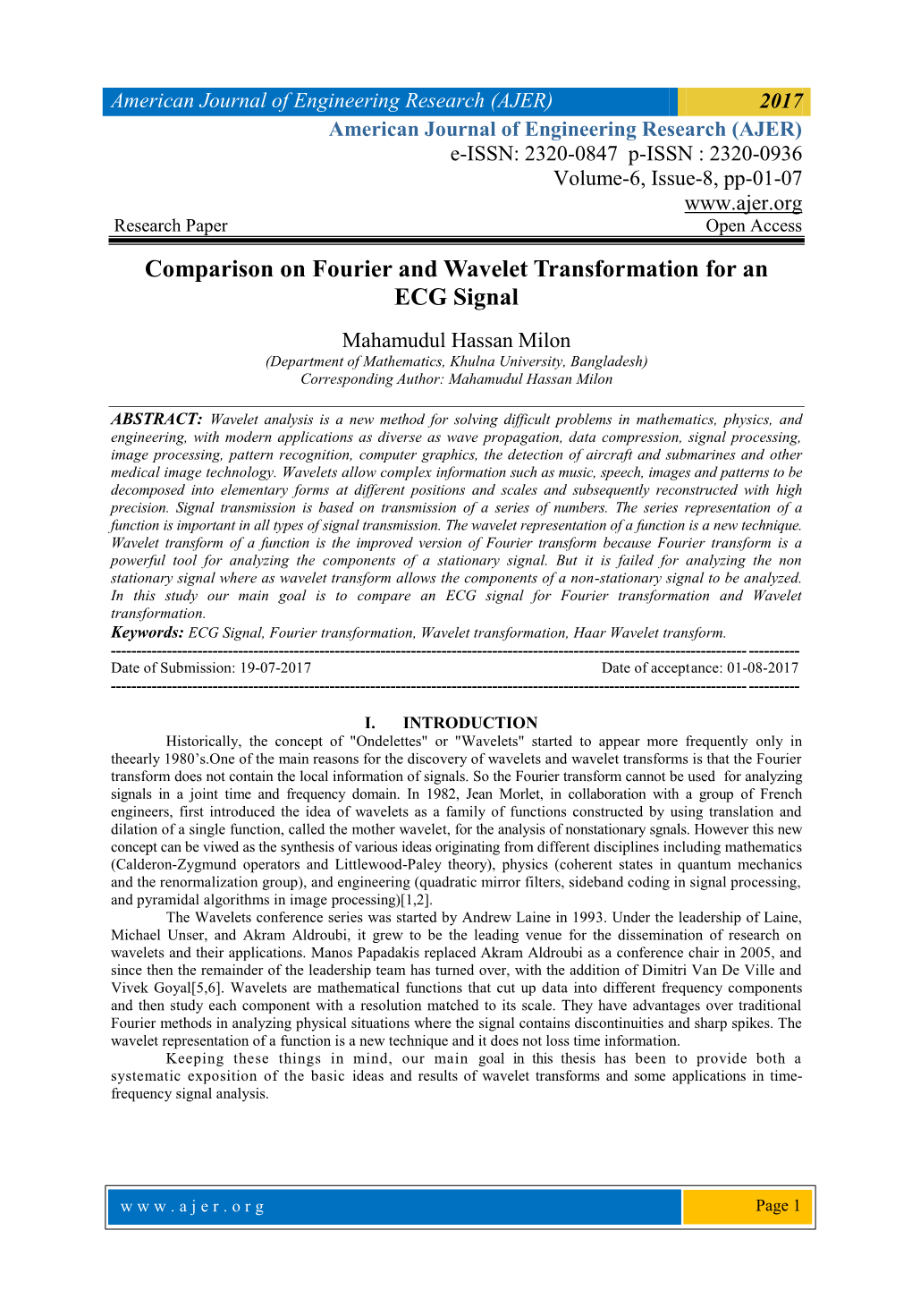 Comparison on Fourier and Wavelet Transformation for an ECG Signal