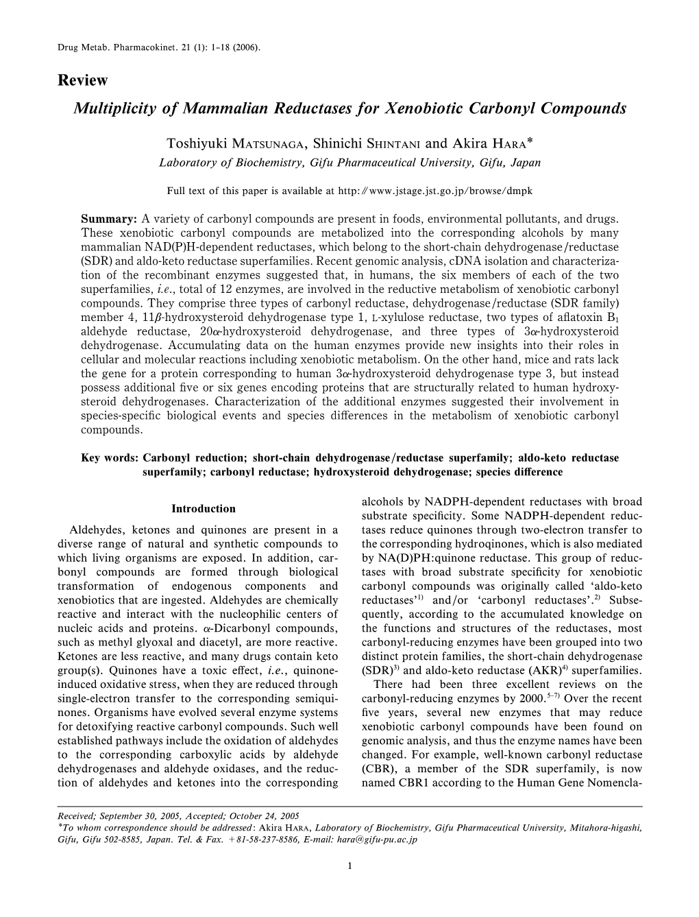 Review Multiplicity of Mammalian Reductases for Xenobiotic Carbonyl Compounds