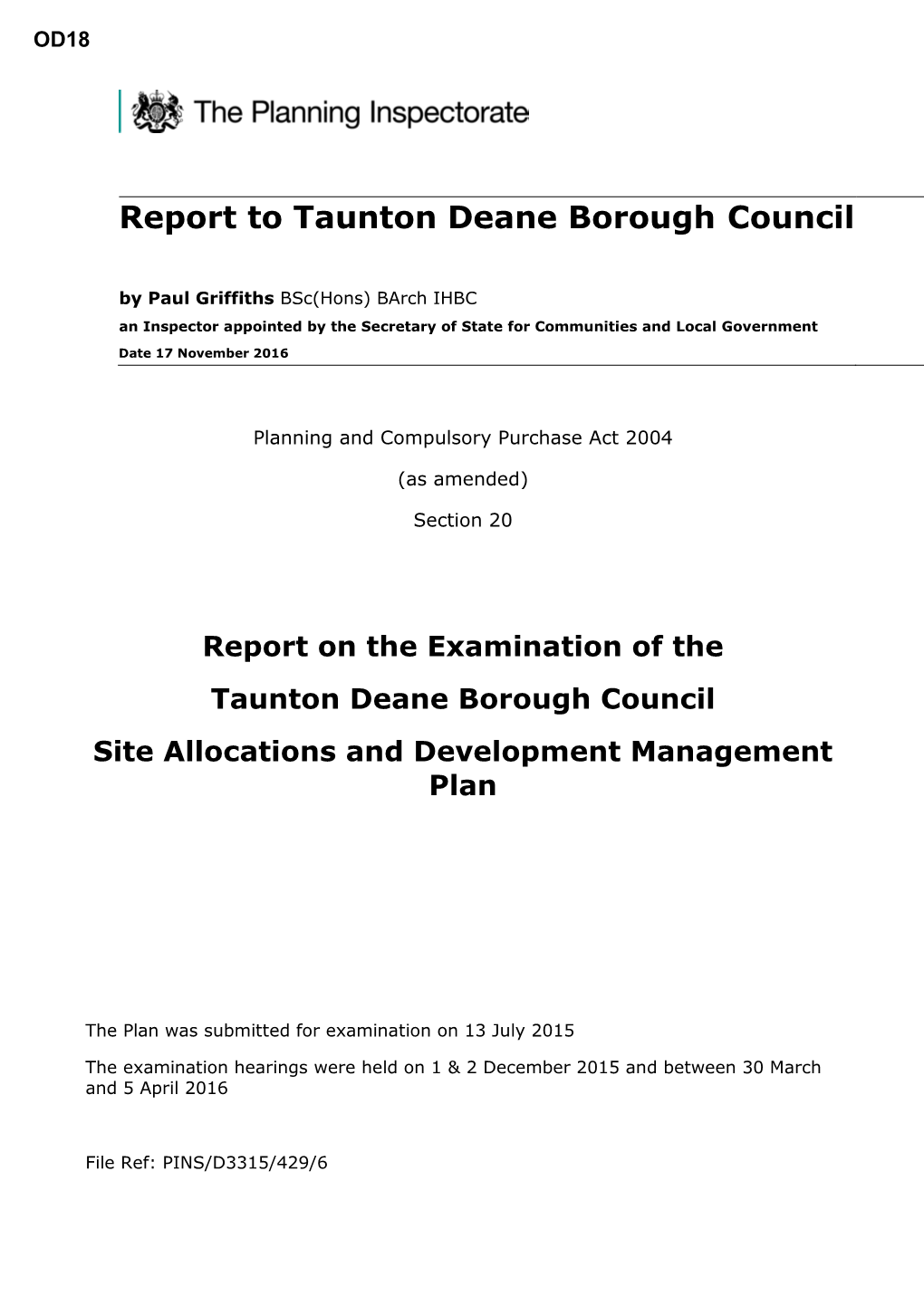Taunton Deane Site Allocations DPD Planning Inspector's Report