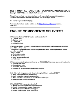 Engine Components Self-Test Quiz