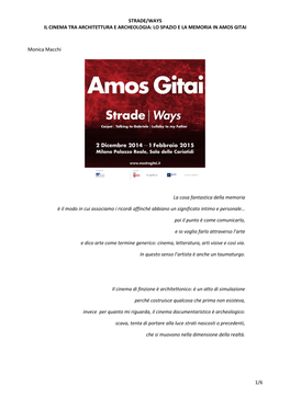 Strade/Ways Il Cinema Tra Architettura E Archeologia: Lo Spazio E La Memoria in Amos Gitai