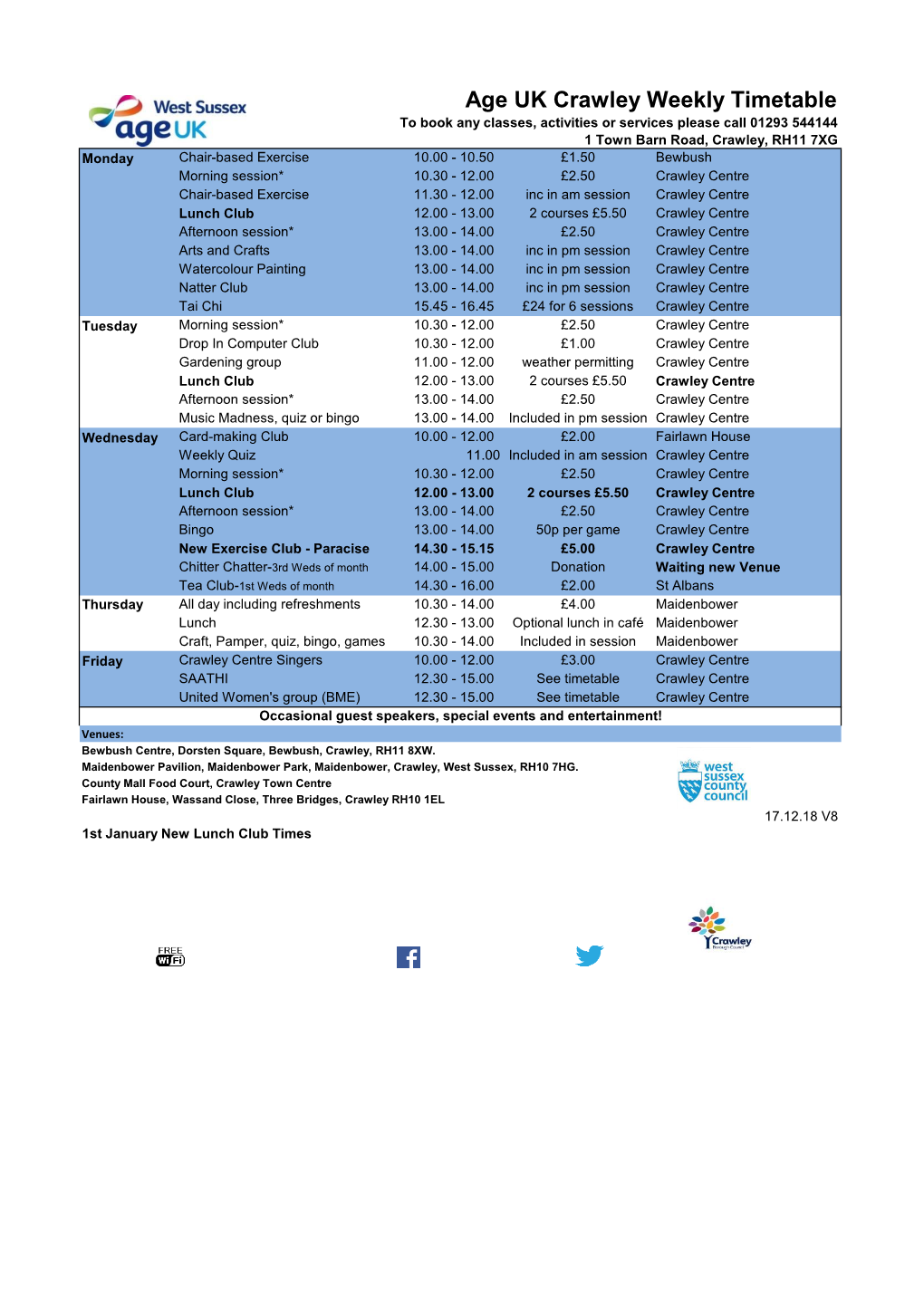 Age UK Crawley Weekly Timetable