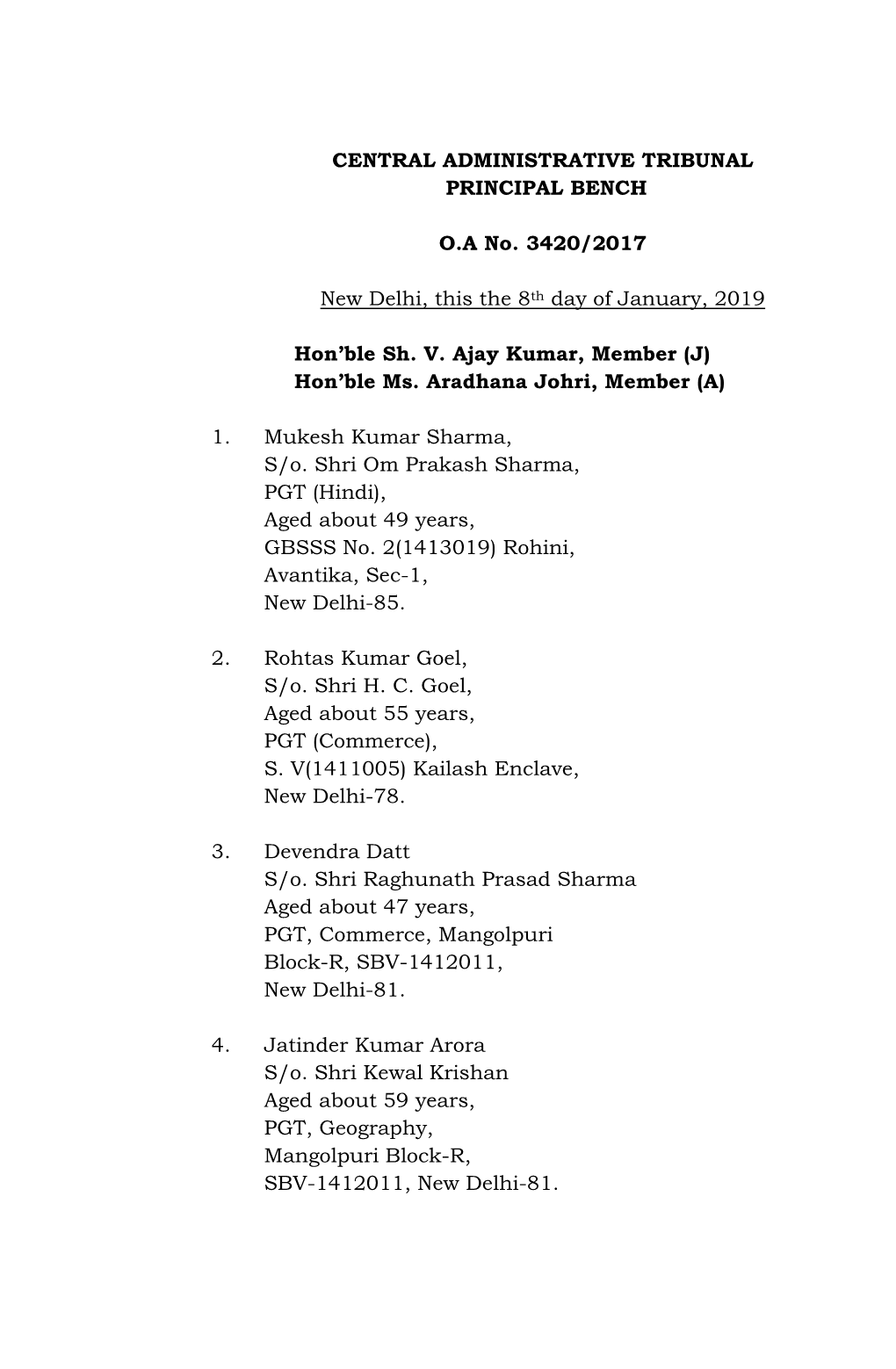 CENTRAL ADMINISTRATIVE TRIBUNAL PRINCIPAL BENCH O.A No. 3420/2017 New Delhi, This the 8Th Day of January, 2019 Hon'ble Sh. V