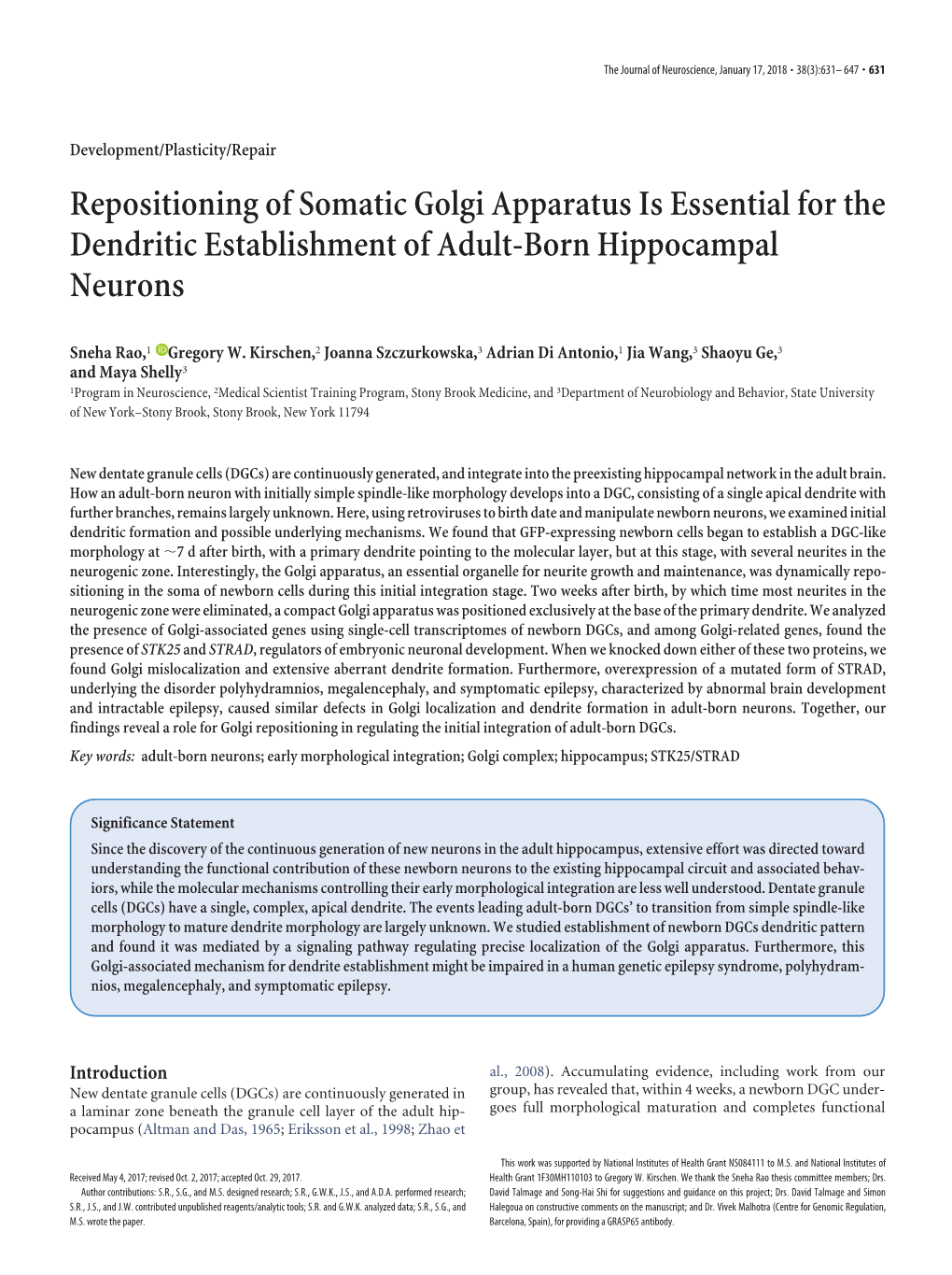 Repositioning of Somatic Golgi Apparatus Is Essential for the Dendritic Establishment of Adult-Born Hippocampal Neurons