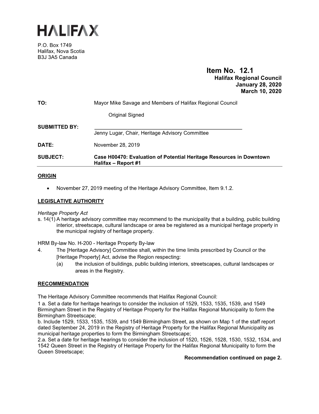 Case H00470: Evaluation of Potential Heritage Resources in Downtown Halifax – Report #1