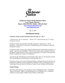 Chickasaw Nation Annual Meeting, Festival Set Sept. 25 – Oct. 3