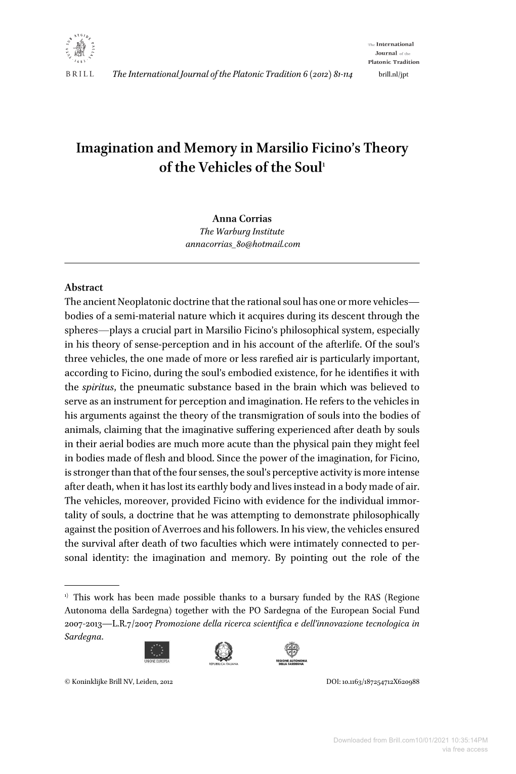 Imagination and Memory in Marsilio Ficino's Theory of the Vehicles Of