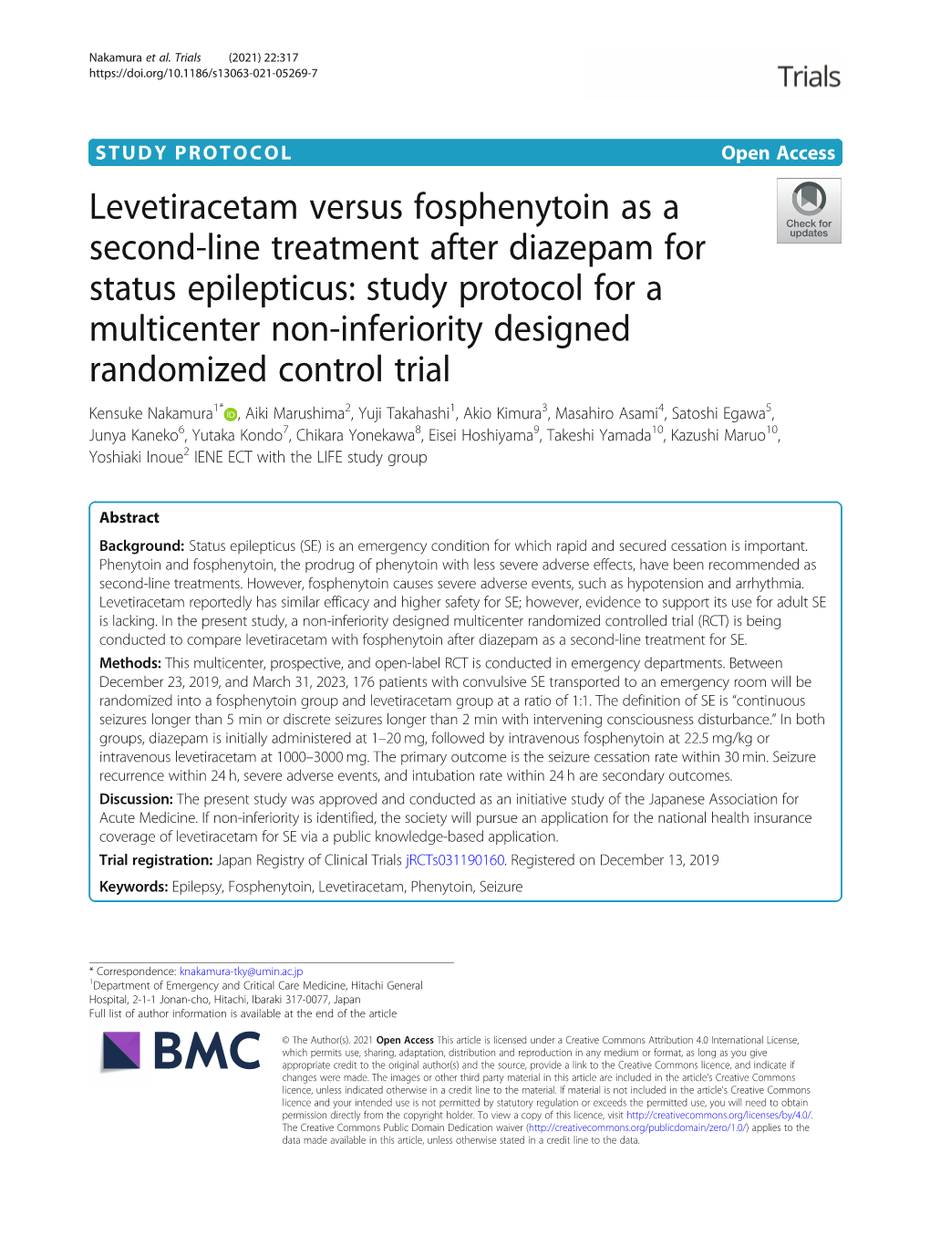 Levetiracetam Versus Fosphenytoin As a Second-Line Treatment After Diazepam for Status Epilepticus: Study Protocol for a Multice