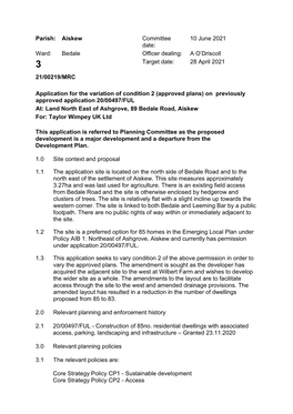 Parish: Aiskew Committee Date: 10 June 2021 Ward: Bedale Officer Dealing: a O'driscoll Target Date: 28 April 2021 21/00219/MRC