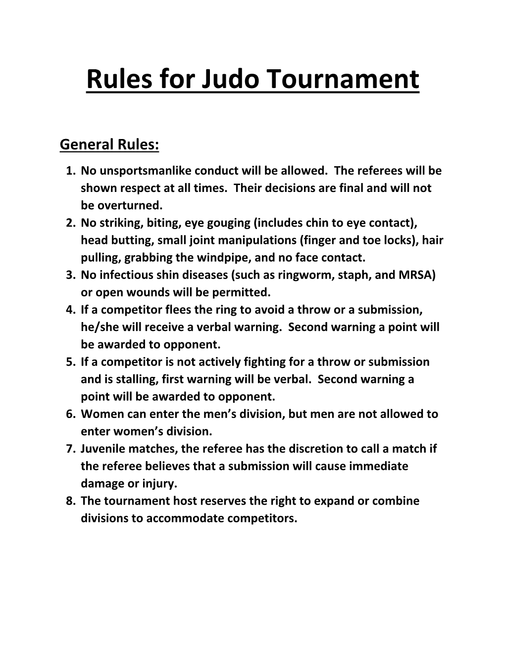 Rules for Judo Tournament