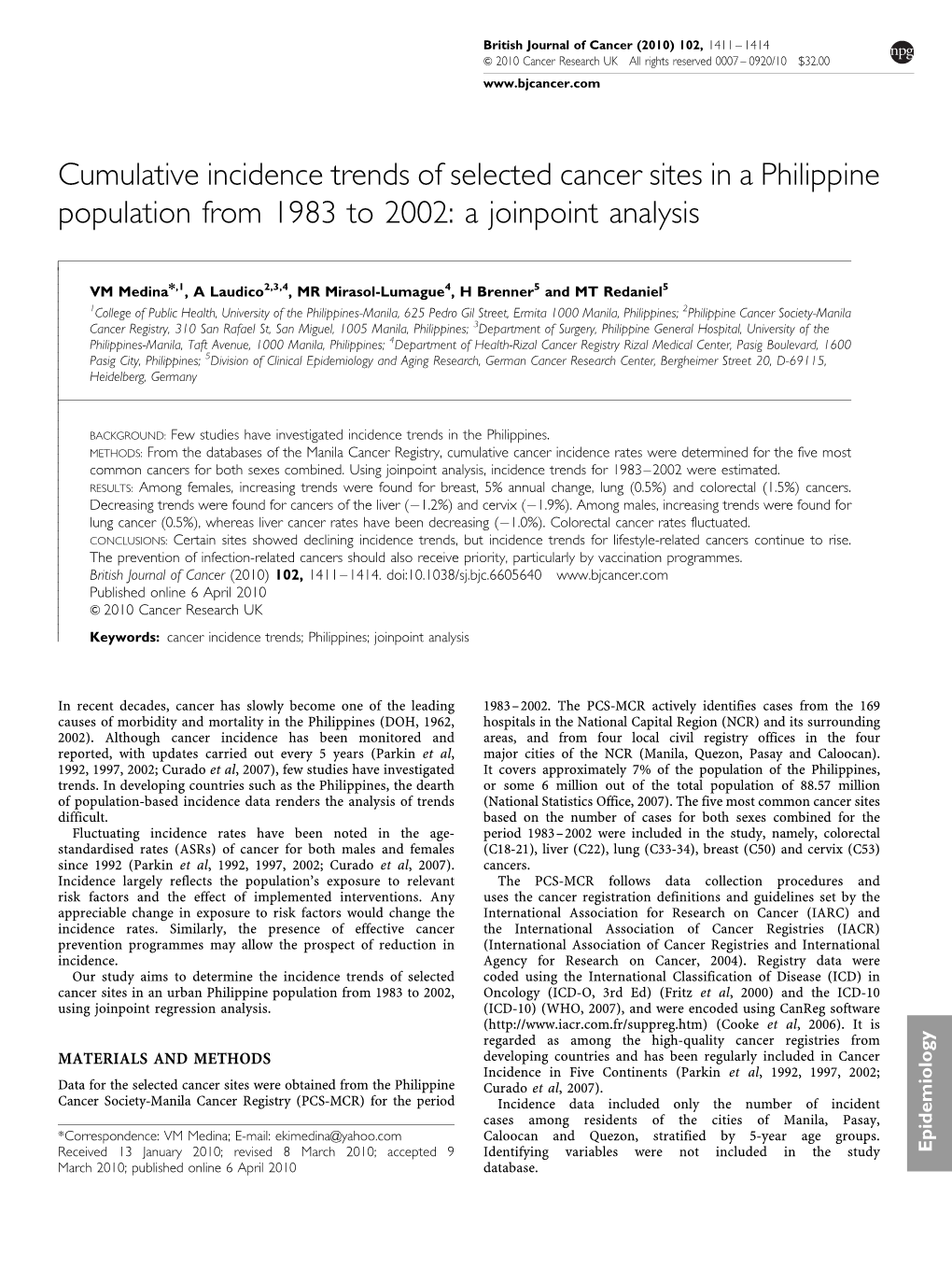 Cumulative Incidence Trends of Selected Cancer Sites in a Philippine Population from 1983 to 2002: a Joinpoint Analysis