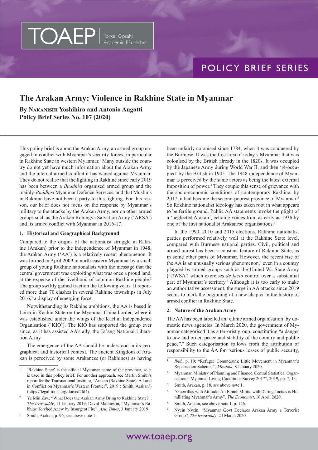 The Arakan Army: Violence in Rakhine State in Myanmar by Nakanishi Yoshihiro and Antonio Angotti Policy Brief Series No