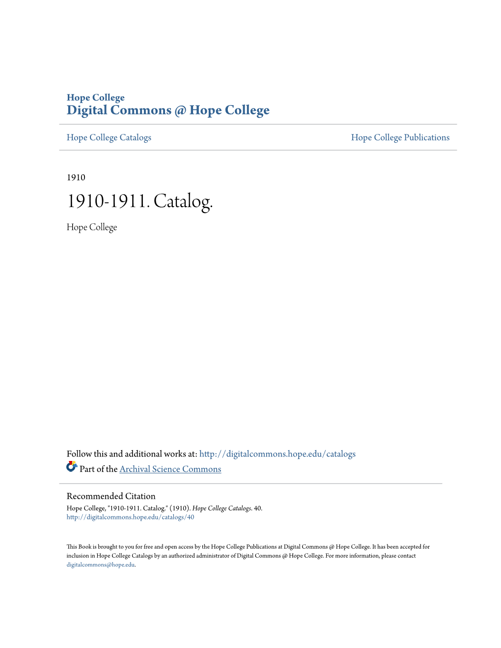 1910-1911. Catalog. Hope College