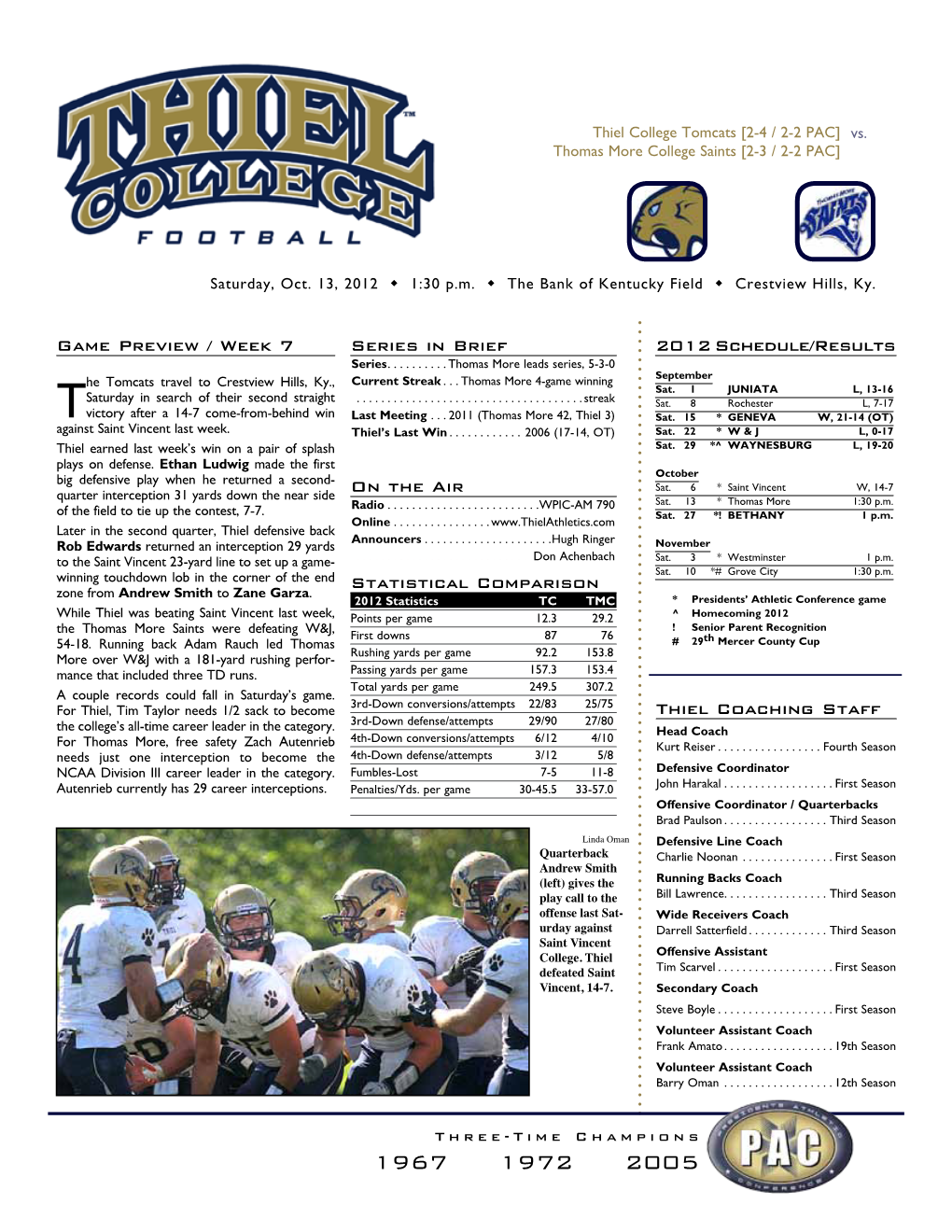 Game Preview / Week 7 Statistical Comparison Series in Brief on the Air 2012 Schedule/Results Thiel Coaching Staff