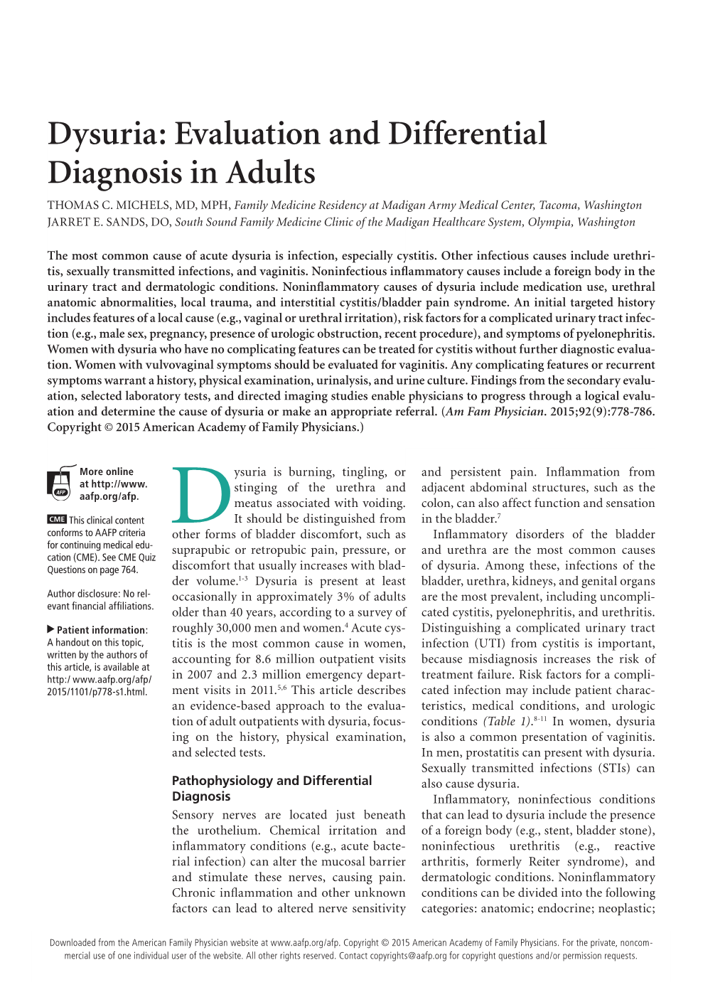 Dysuria: Evaluation and Differential Diagnosis in Adults THOMAS C