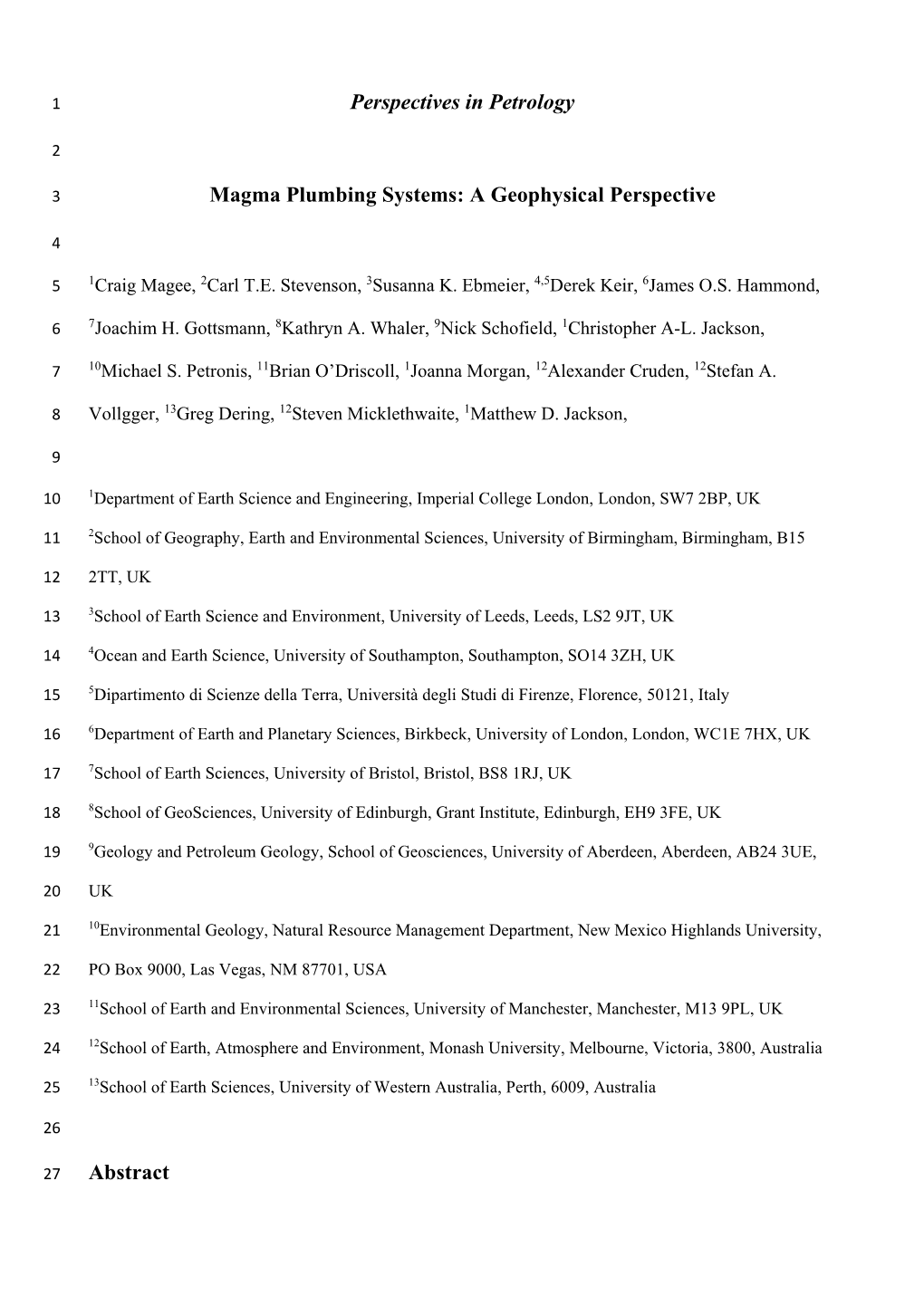 Magma Plumbing Systems: a Geophysical Perspective