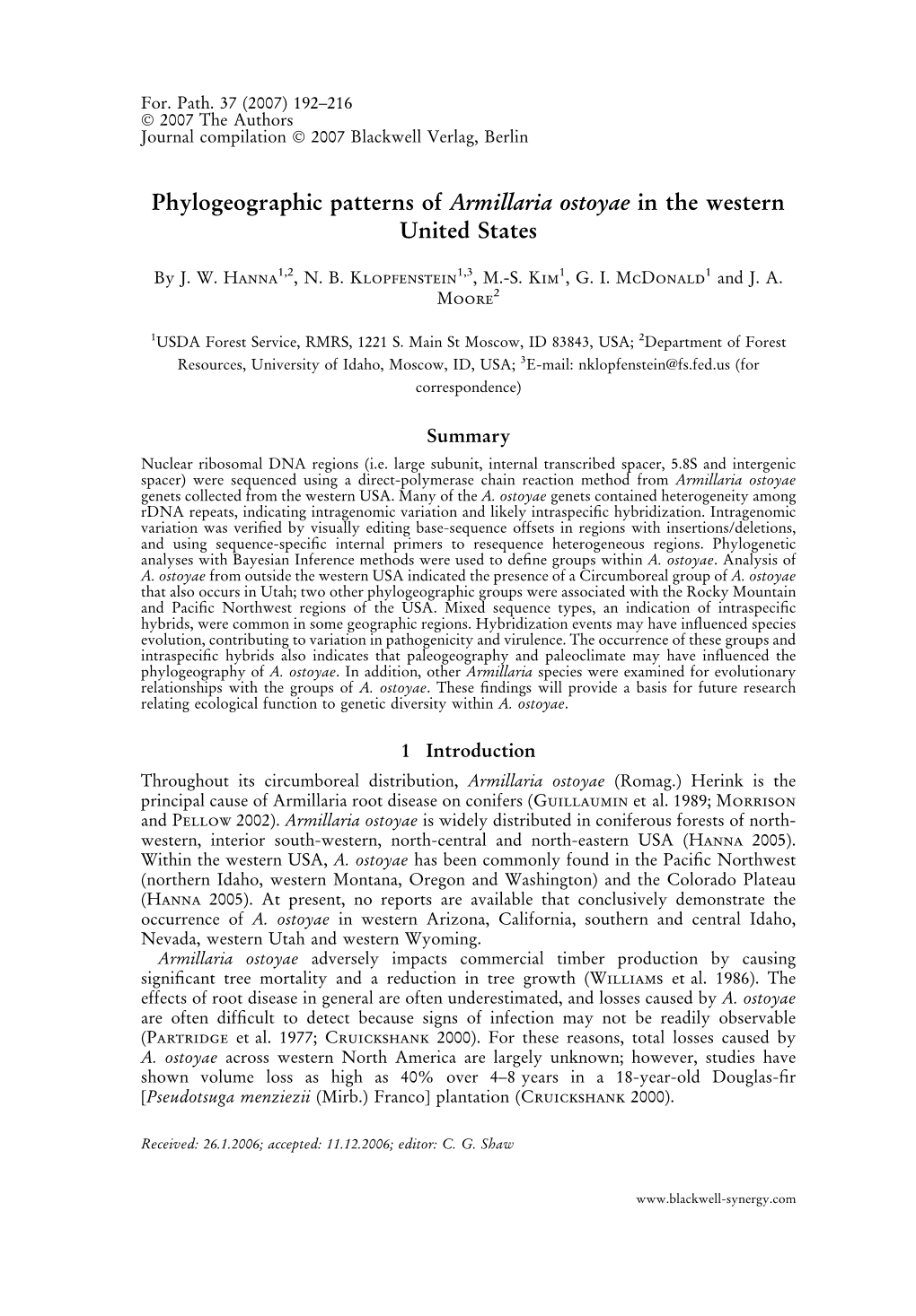 Phylogeographic Patterns of Armillaria Ostoyae in the Western United States