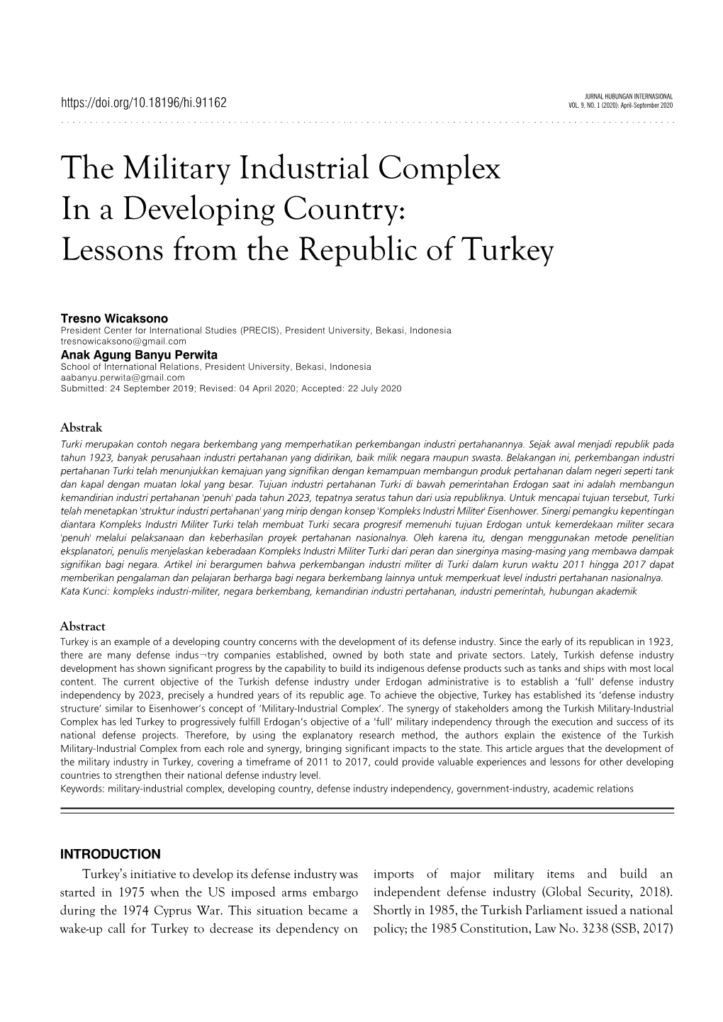 The Military Industrial Complex in a Developing Country: Lessons from the Republic of Turkey