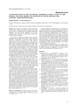 Research Note Ultrastructure of the Secondary Osmoregulatory Canals in the Scolex and Neck Region of Silurotaenia Siluri (Batsch, 1786) (Cestoda: Proteocephalidae)