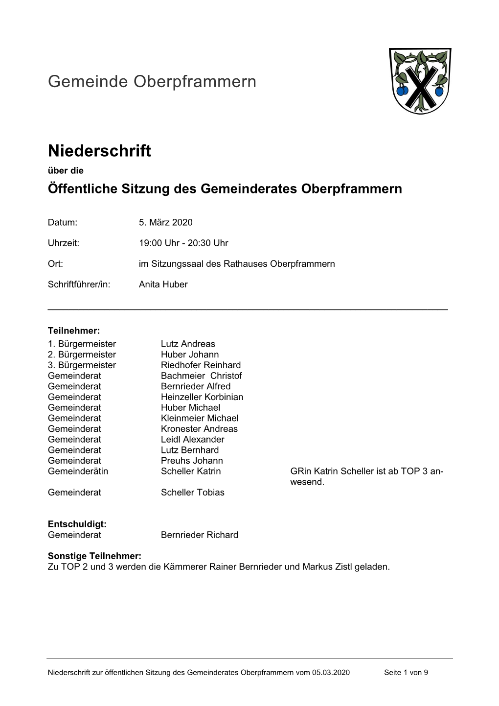 Gemeinde Oberpframmern Niederschrift