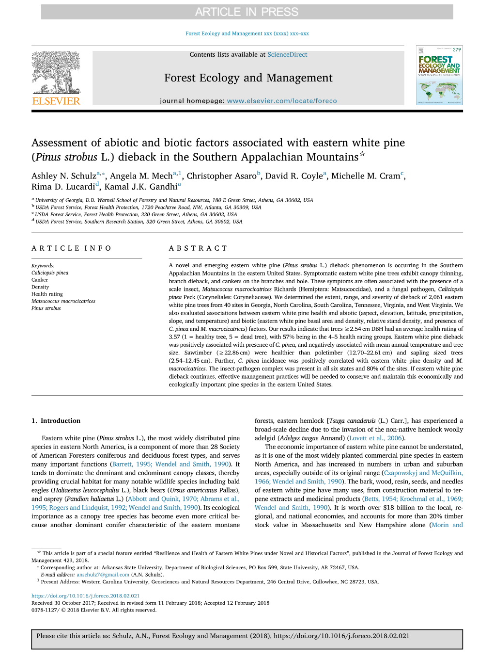 Assessment of Abiotic and Biotic Factors Associated with Eastern White Pine ☆ (Pinus Strobus L.) Dieback in the Southern Appalachian Mountains ⁎ Ashley N