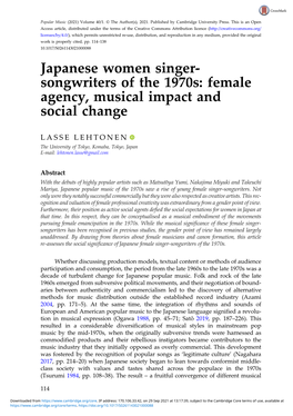 Japanese Women Singer- Songwriters of the 1970S: Female Agency, Musical Impact and Social Change