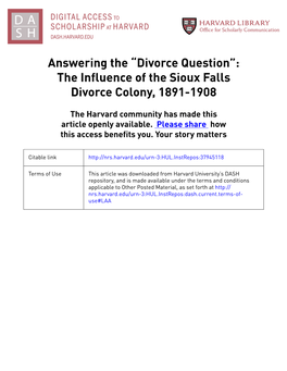 The Influence of the Sioux Falls Divorce Colony, 1891-1908