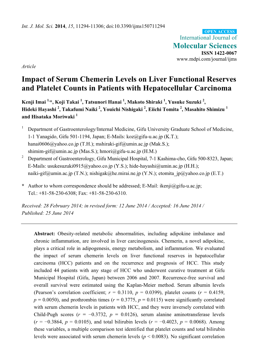 Impact of Serum Chemerin Levels on Liver Functional Reserves and Platelet Counts in Patients with Hepatocellular Carcinoma
