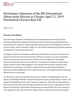 Preliminary Statement of the IRI International Observation Mission to Ukraine April 21, 2019 Presidential Election Run-Off | IRI