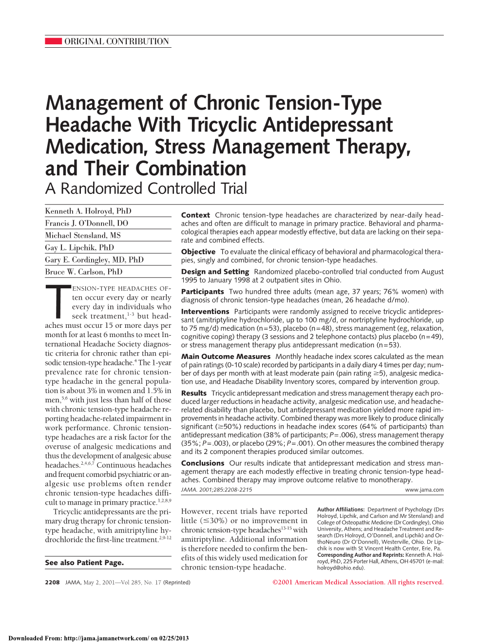 Management of Chronic Tension-Type Headache with Tricyclic Antidepressant Medication, Stress Management Therapy, and Their Combination a Randomized Controlled Trial