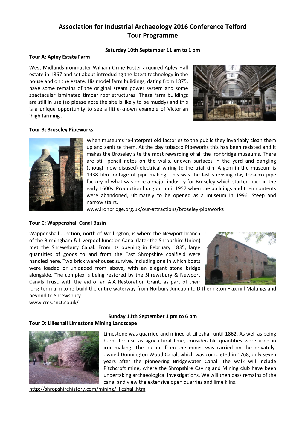 Association for Industrial Archaeology 2016 Conference Telford Tour Programme