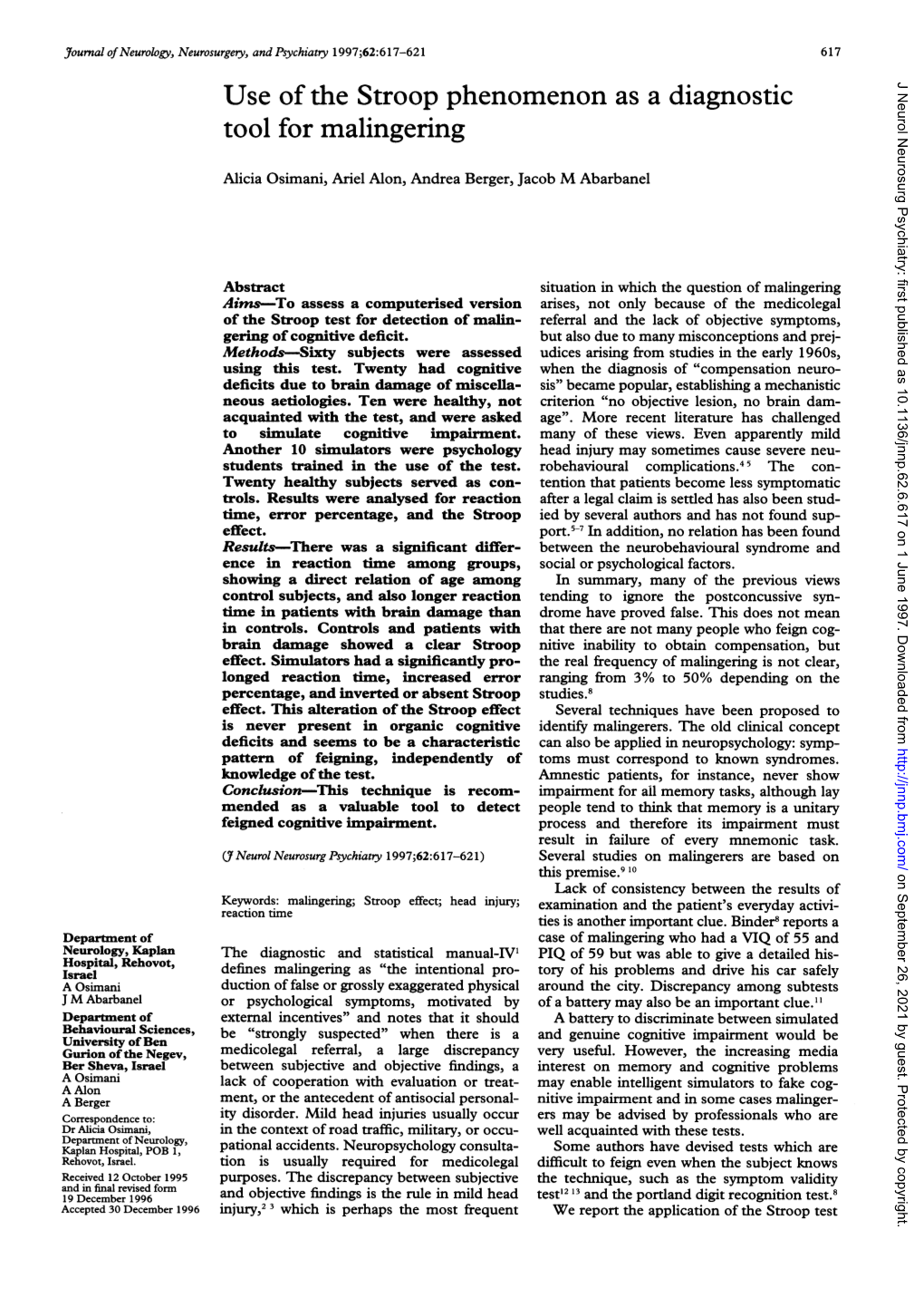 Use of the Stroop Phenomenon As a Diagnostic Tool for Malingering